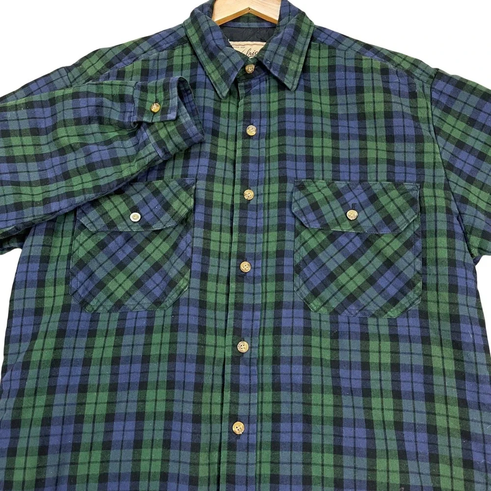Woolrich Button Down Flannel Mens Medium Green Blue Plaid Quilted Lining Shacket - Picture 2 of 9